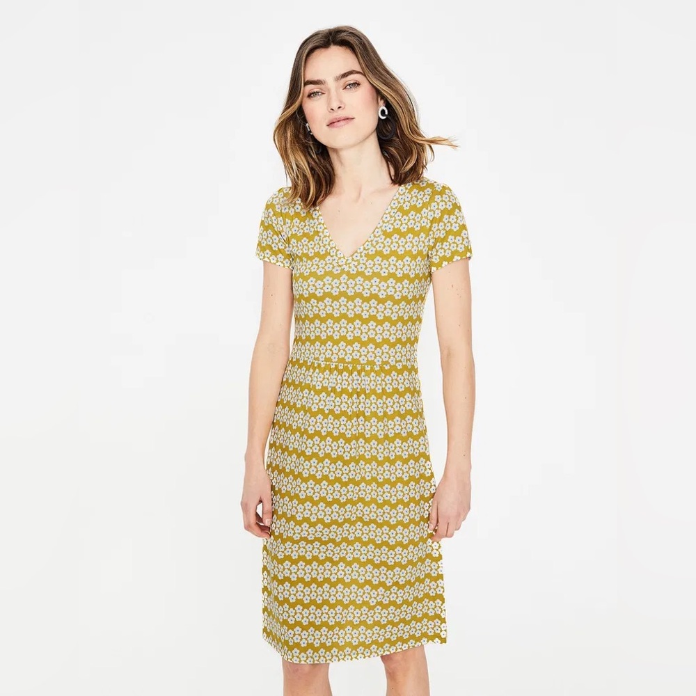 Boden Women’s Penelope Short-Sleeve V-Neck Jersey Dress Yellow Print 6P‎
